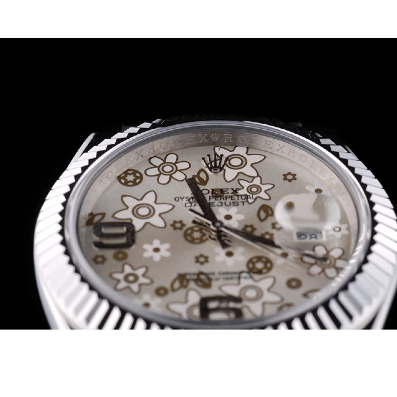 Aaa replica Rolex DateJust Ribbed Bezel Swiss Steel Stainless Flower Silver Dial 42001 0730